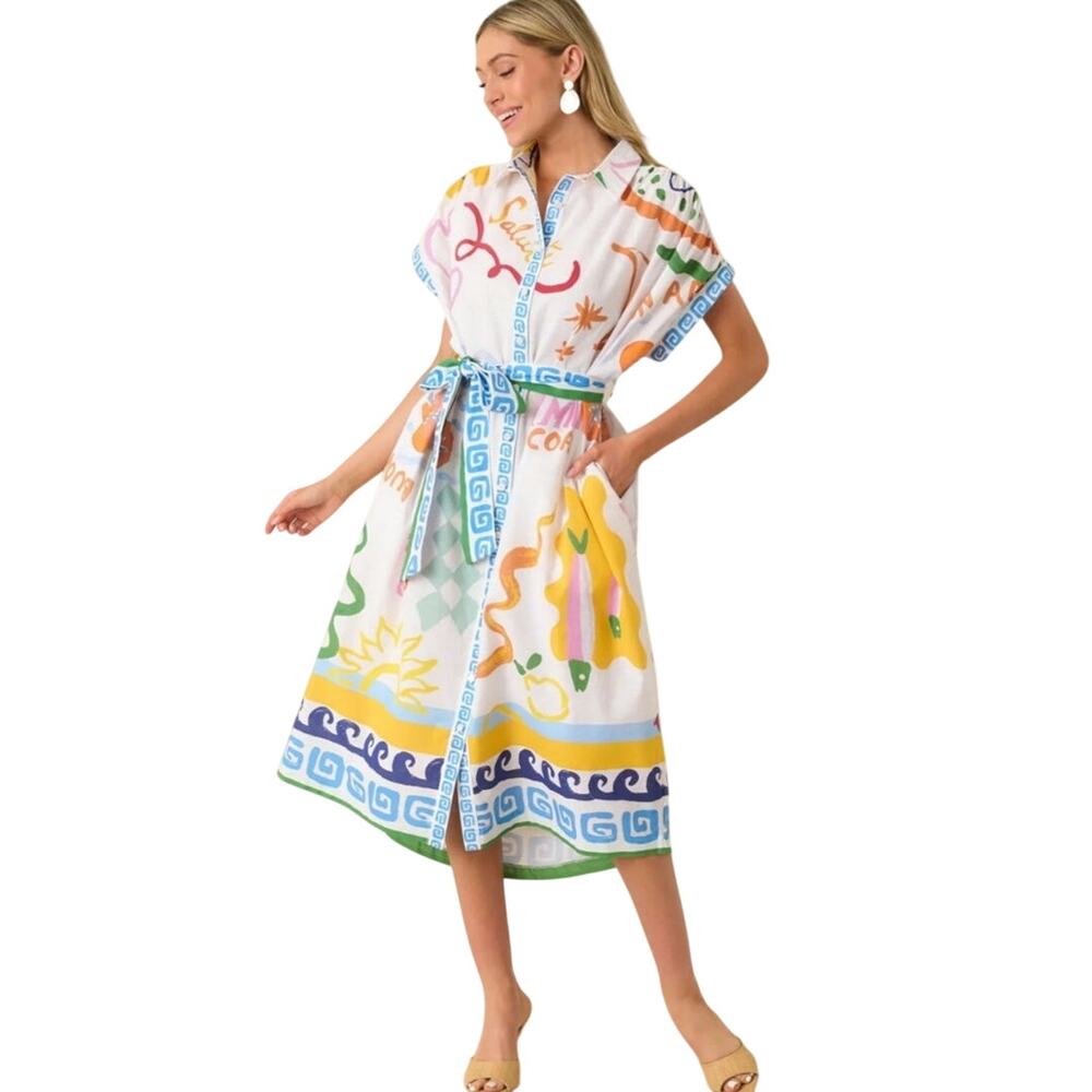 Prosperina Cleo Midi Dress Summer Spritz XS NWOT Oversized Belted Shirt Dress